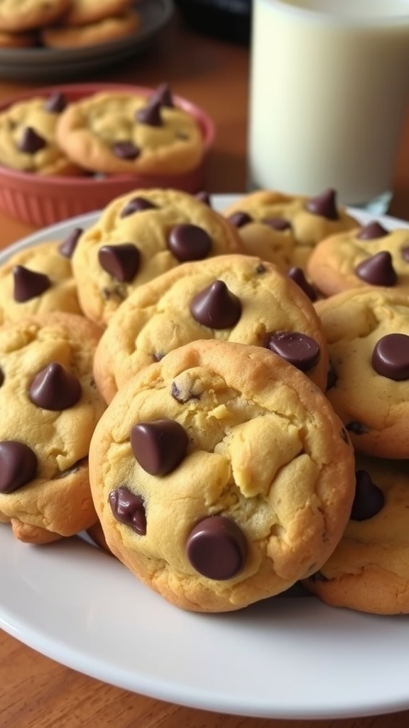 A plate of warm chocolate chip cookies with melted chocolate chips, accompanied by a glass of milk.